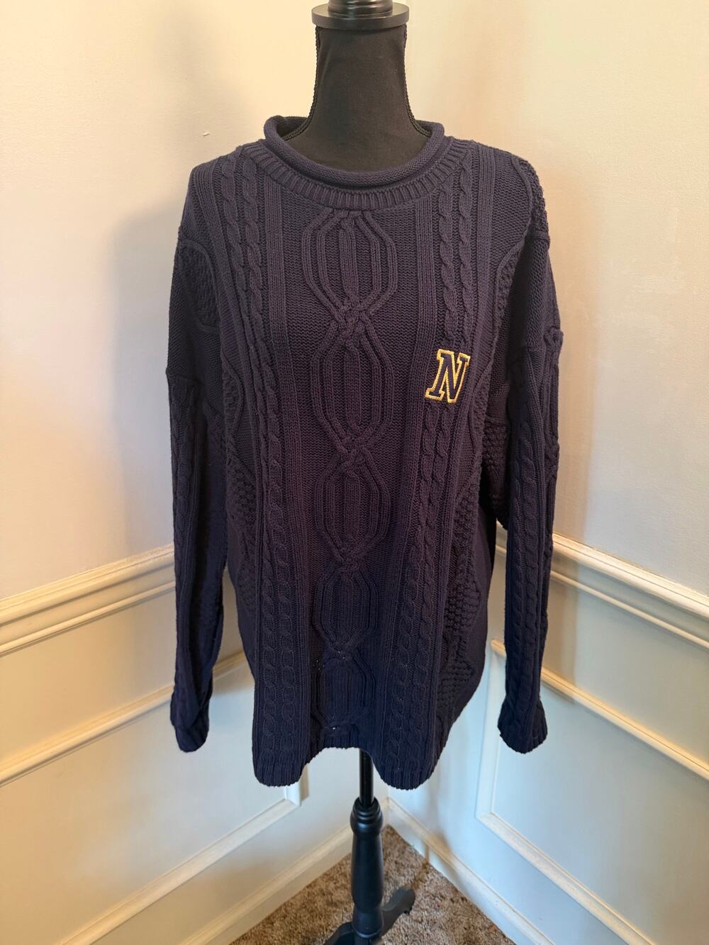 Vintage 90s Whalerknits Navy Blue Cable Knit Roll Neck Sweater Fisherman College